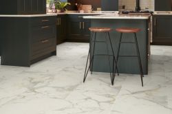 Modern dark green kitchen with Karndean Calacatta white marble effect luxury vinyl flooring